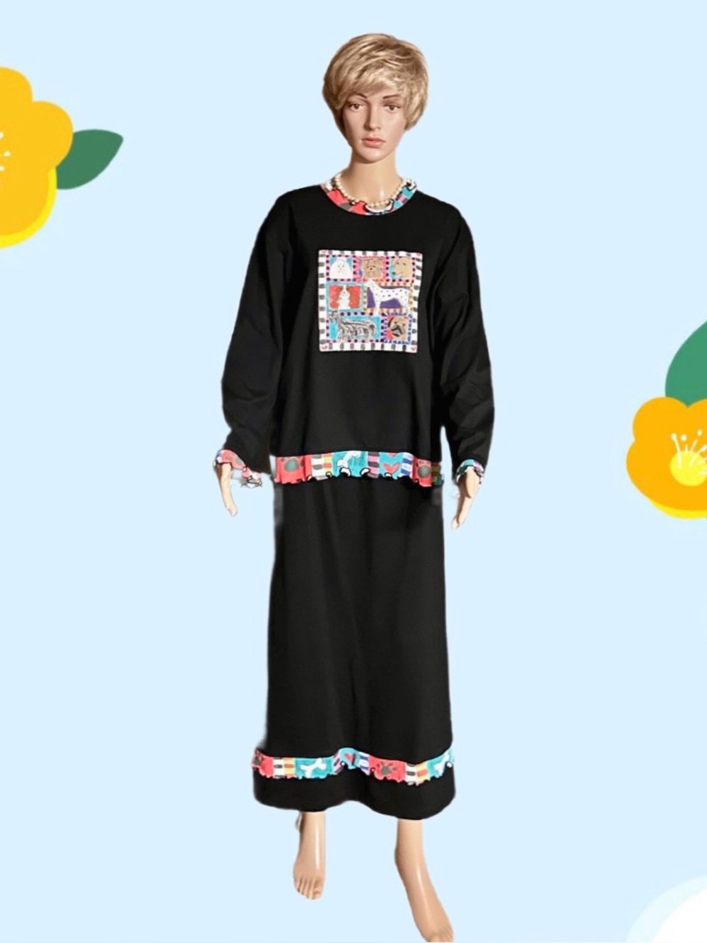 LRW Designs ~X-Large ~Variety Dog Breed Design Black 2 Piece Dress W/Multicolors